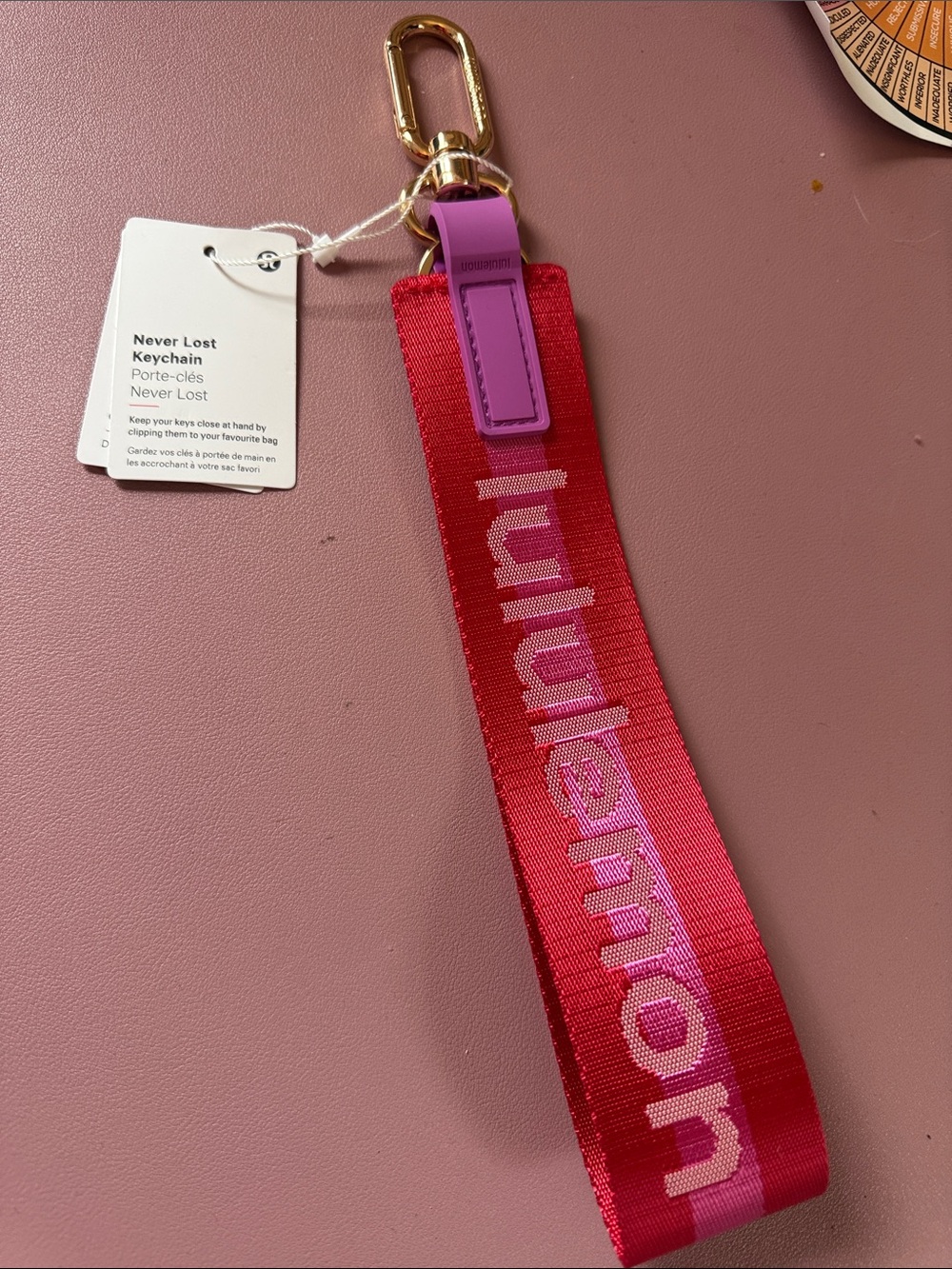 lululemon athletica Red and Pink Never Lost Keychain Strap with Gold Hardware